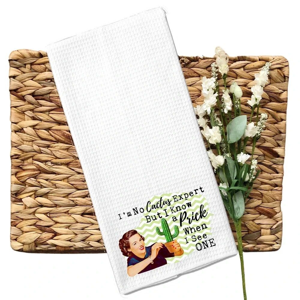 Funny Retro Waffle Weave Kitchen Towel I Know A Prick Cactus Humor White